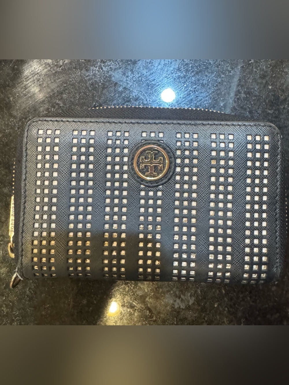 Tory Burch Black Fret-T Zip Continental Wallet